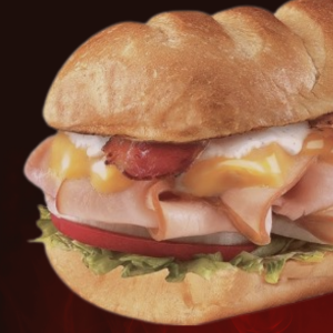 Turkey Bacon Ranch sandwich with crispy bacon, melted cheddar, and creamy ranch