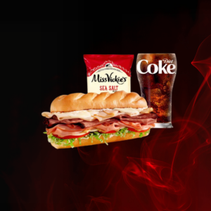 Firehouse Hero® Combo loaded with roast beef, smoked turkey, honey ham, and provolone—served hot with chips and a drink.