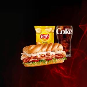 Hook & Ladder® Combo includes smoked turkey breast and honey ham topped with Monterey Jack cheese—served hot with a drink and chips.