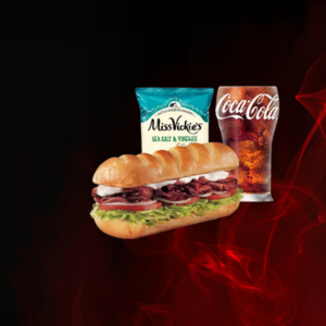 Pastrami Combo loaded with savory, deli-sliced pastrami and melted provolone—served hot on a toasted sub roll with chips and a drink