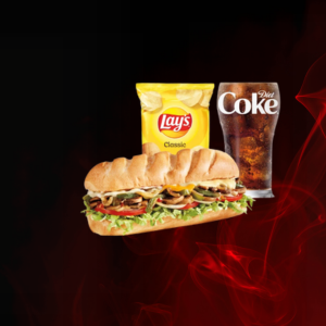 Veggie Combo loaded with provolone, Monterey Jack, cheddar, and garden-fresh veggies—served hot with chips and a drink