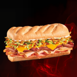 Carolina Gold BBQ Triple Stack sandwich with tender grilled chicken, smoked brisket, cheddar cheese, and zesty Carolina Gold barbecue sauce on toasted bread – bold southern-style BBQ sandwich